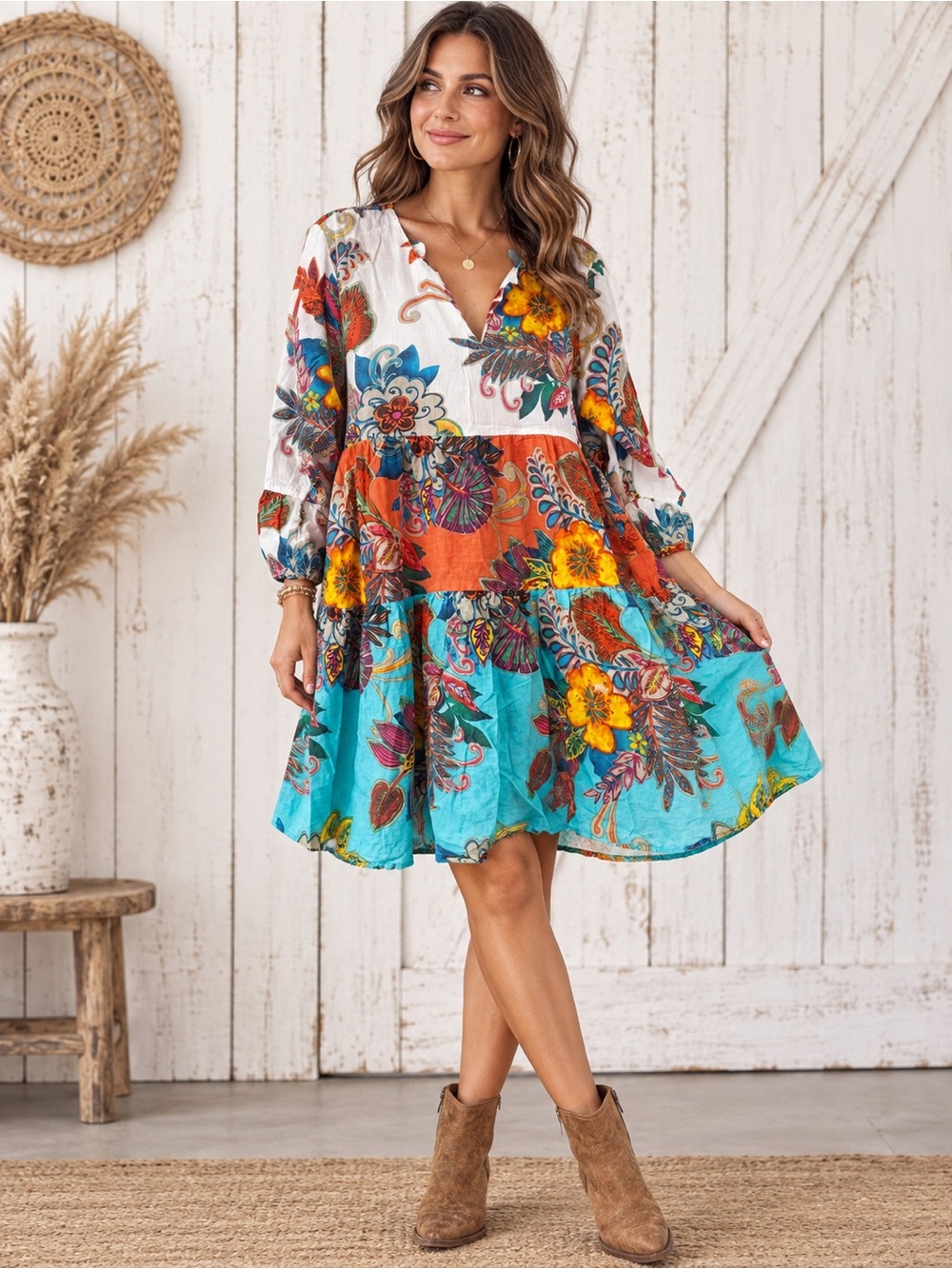 KikiSol Boho Floral Tiered Cotton Dress Size L Colorful Paisley